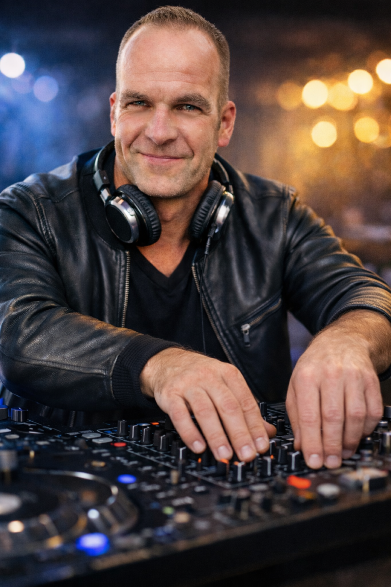 DJ Henne steht vor einem Mischpult, trägt Kopfhörer und fokussiert auf die Musik.