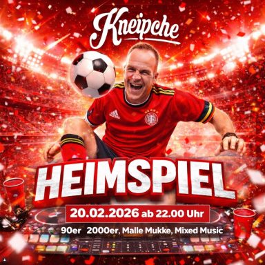 Fußballspieler in rot-weißer Kleidung, Werbung für ein Heimspiel am 20.02.2026.