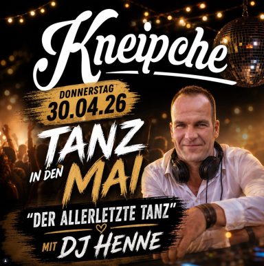 Plakat für Tanzveranstaltung am 30.04.26 mit DJ Henne und Disco-Elementen.